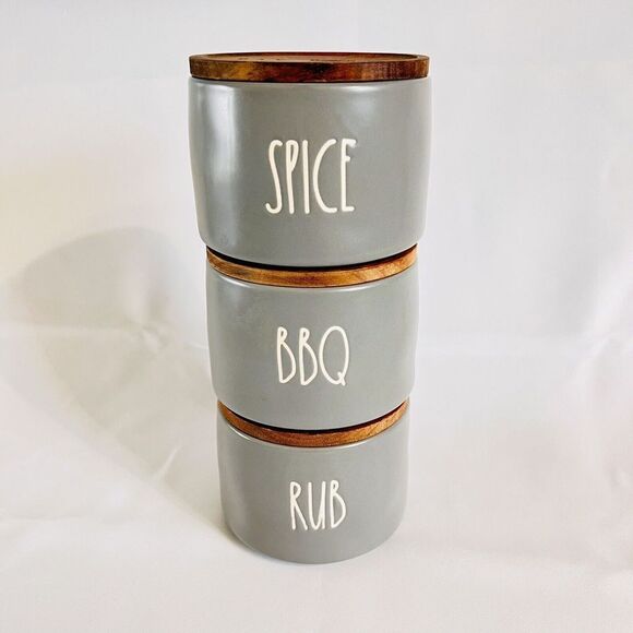 Rae Dunn SPICE BBQ RUB Cellar Wooden Lid Set of 3 Canister Stackers Stackable - Picture 2 of 9